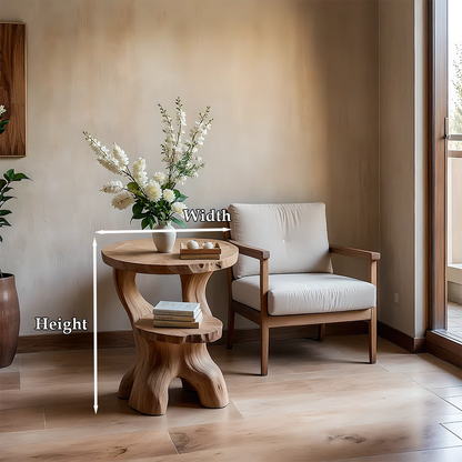 The oak tone end table combines a curved base with a clean top for everyday use
