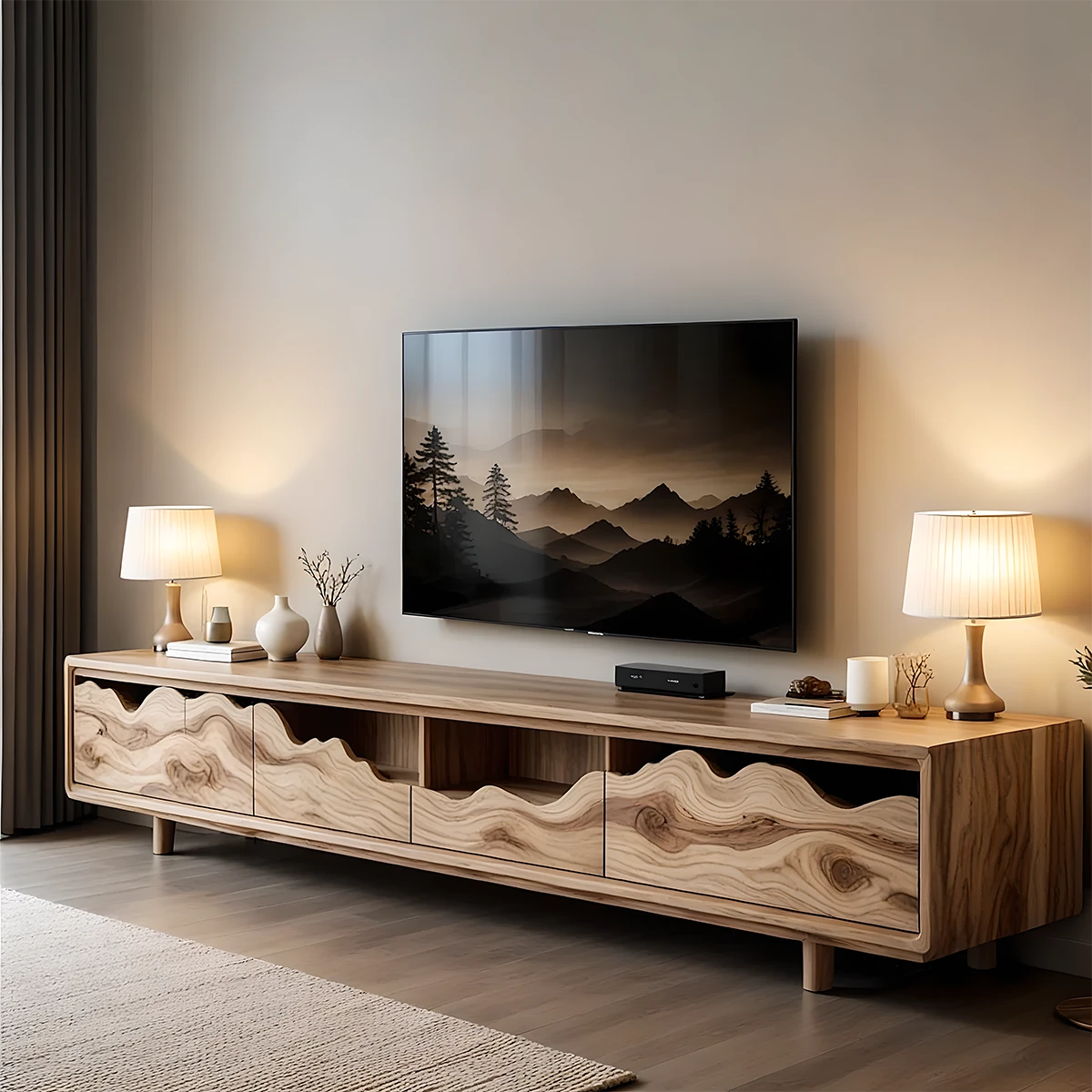 Oak tone TV stand with wave front panels and open shelf design in a modern living room