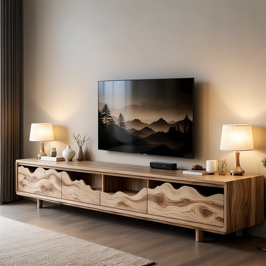 Oak tone TV stand with wave front panels and open shelf design in a modern living room