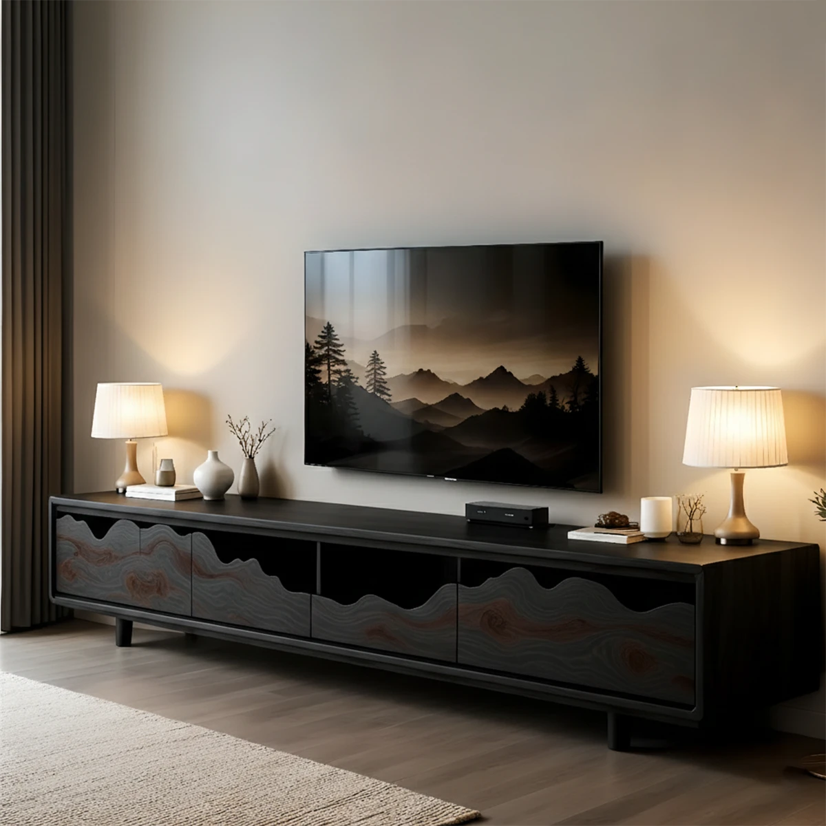 TV stand in black tone finish with wave detail and smooth edges in a modern home setting
