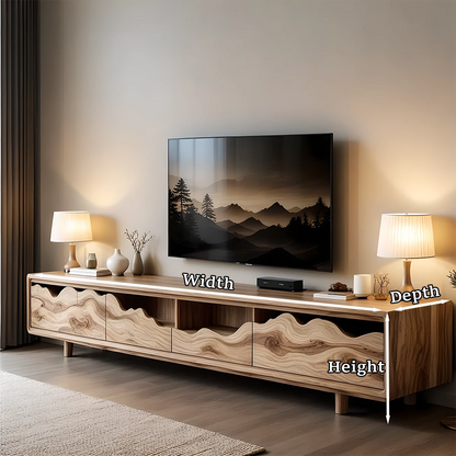 Oak tone TV stand with organic wave pattern and balanced form in a contemporary living room