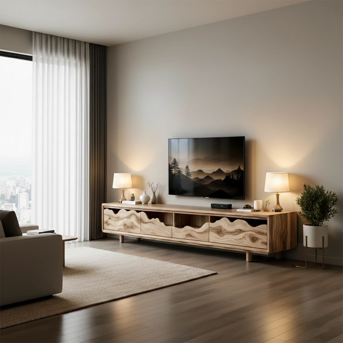 Oak tone TV stand with smooth surface and natural grain detail in a minimalist interior