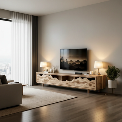 Oak tone TV stand with smooth surface and natural grain detail in a minimalist interior