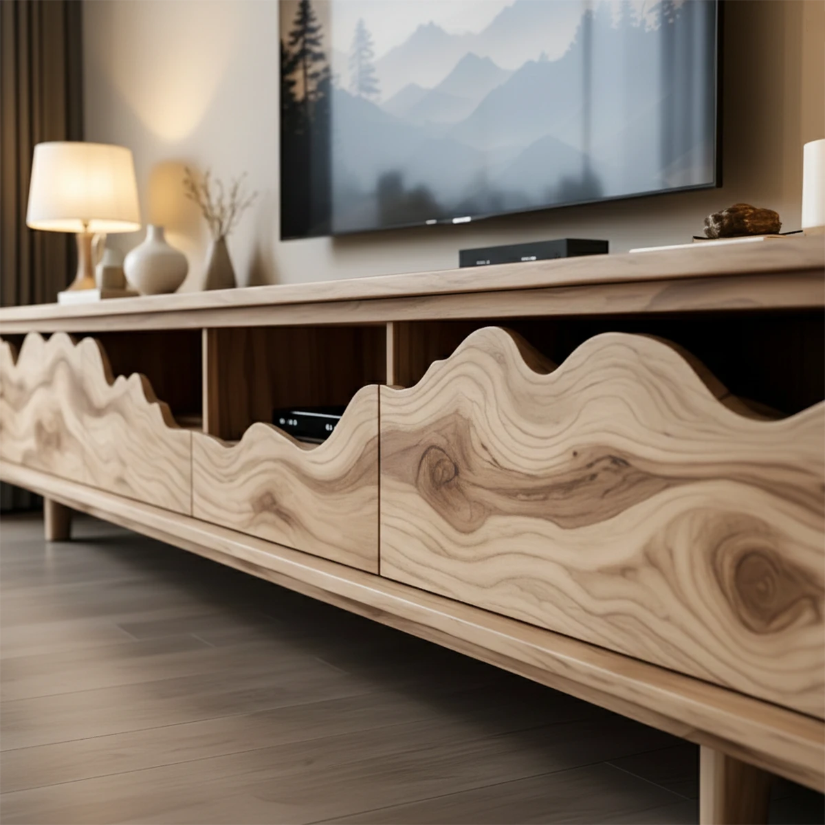 Contemporary TV stand in oak tone finish with sculpted wave front and clean lines
