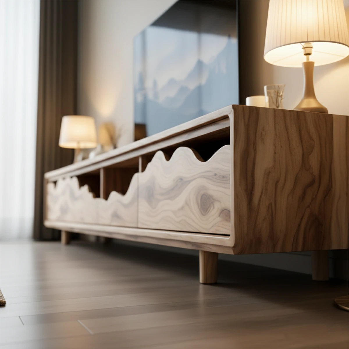 Oak tone TV stand with open storage and organic grain texture in a modern living space
