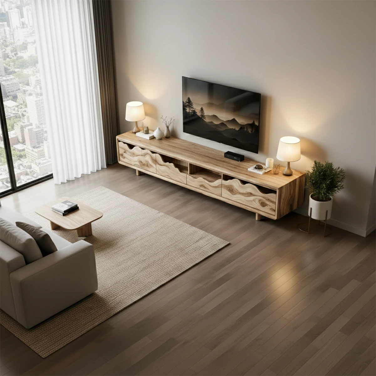 TV stand in oak tone finish with sleek silhouette and subtle grain pattern in a bright room