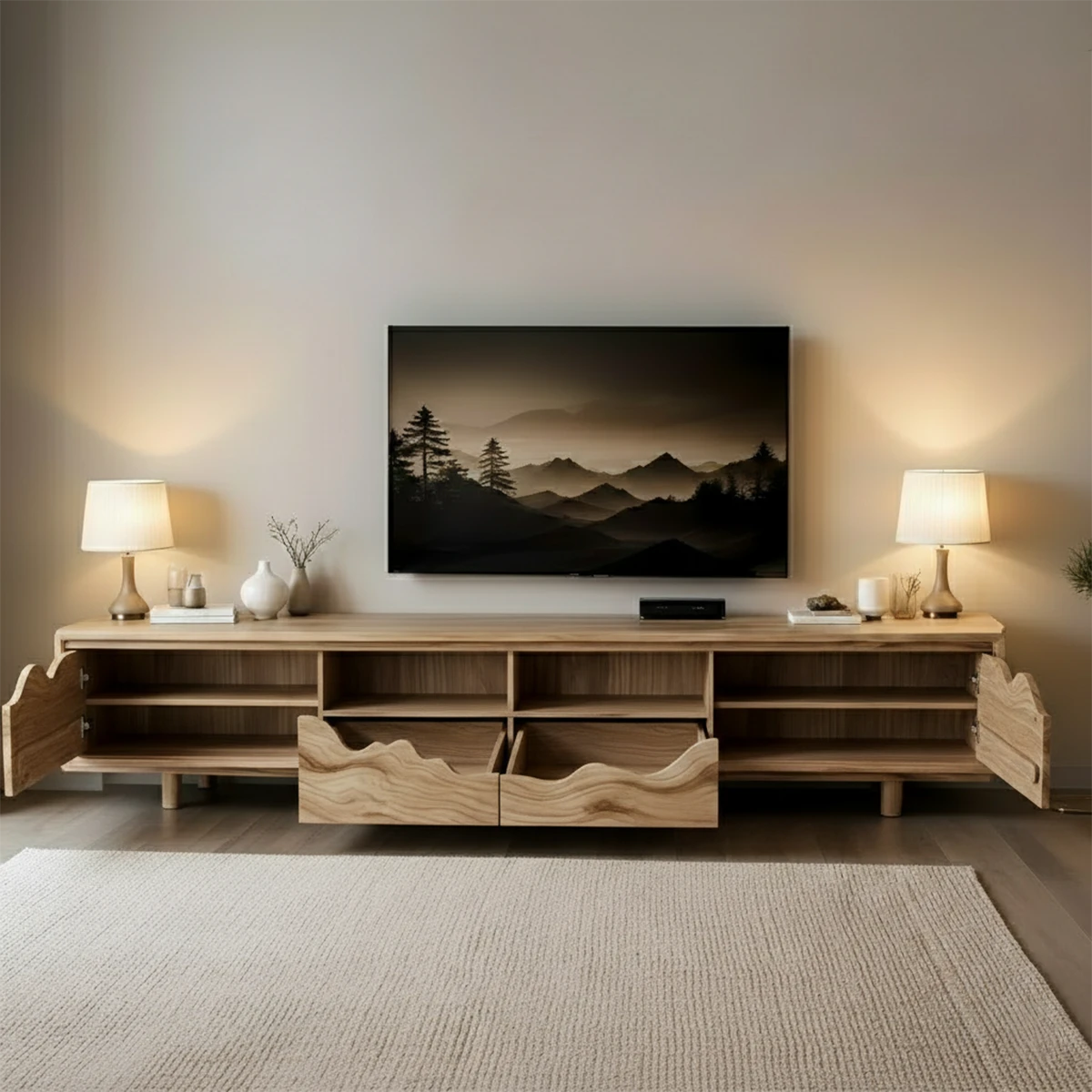 Oak tone TV stand with minimal form and wave panel design in a contemporary interior