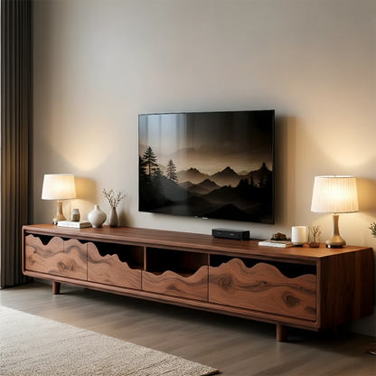 Brown tone TV stand with minimal form and wave panel design in a contemporary interior