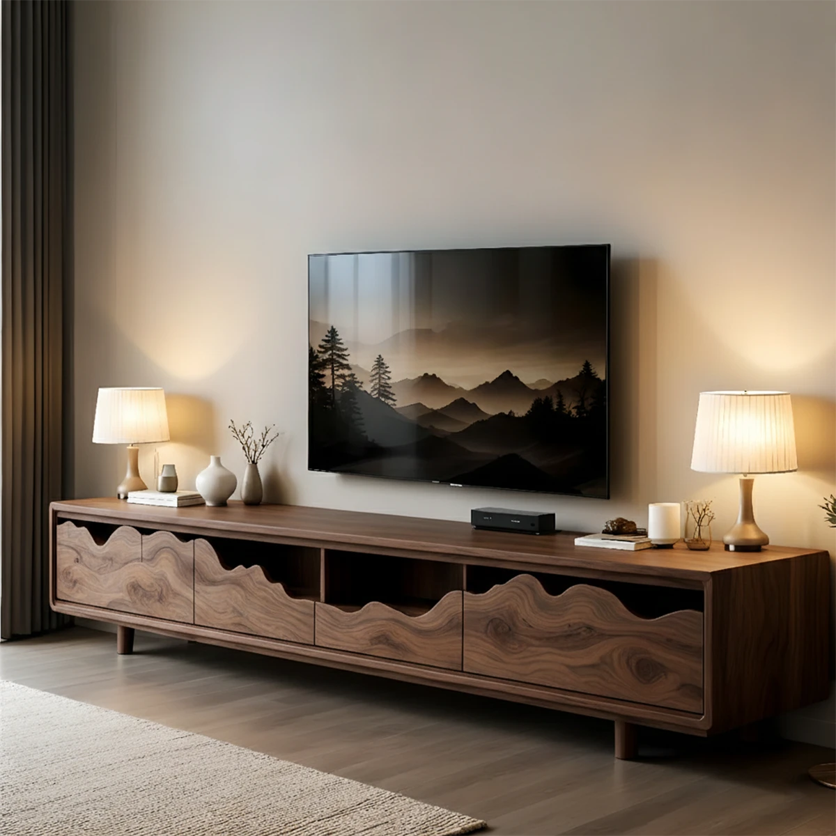 Walnut tone TV stand with low profile structure and clean modern design in a bright space