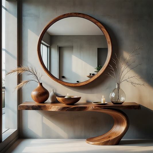 Modern brown wood console table with S curve base