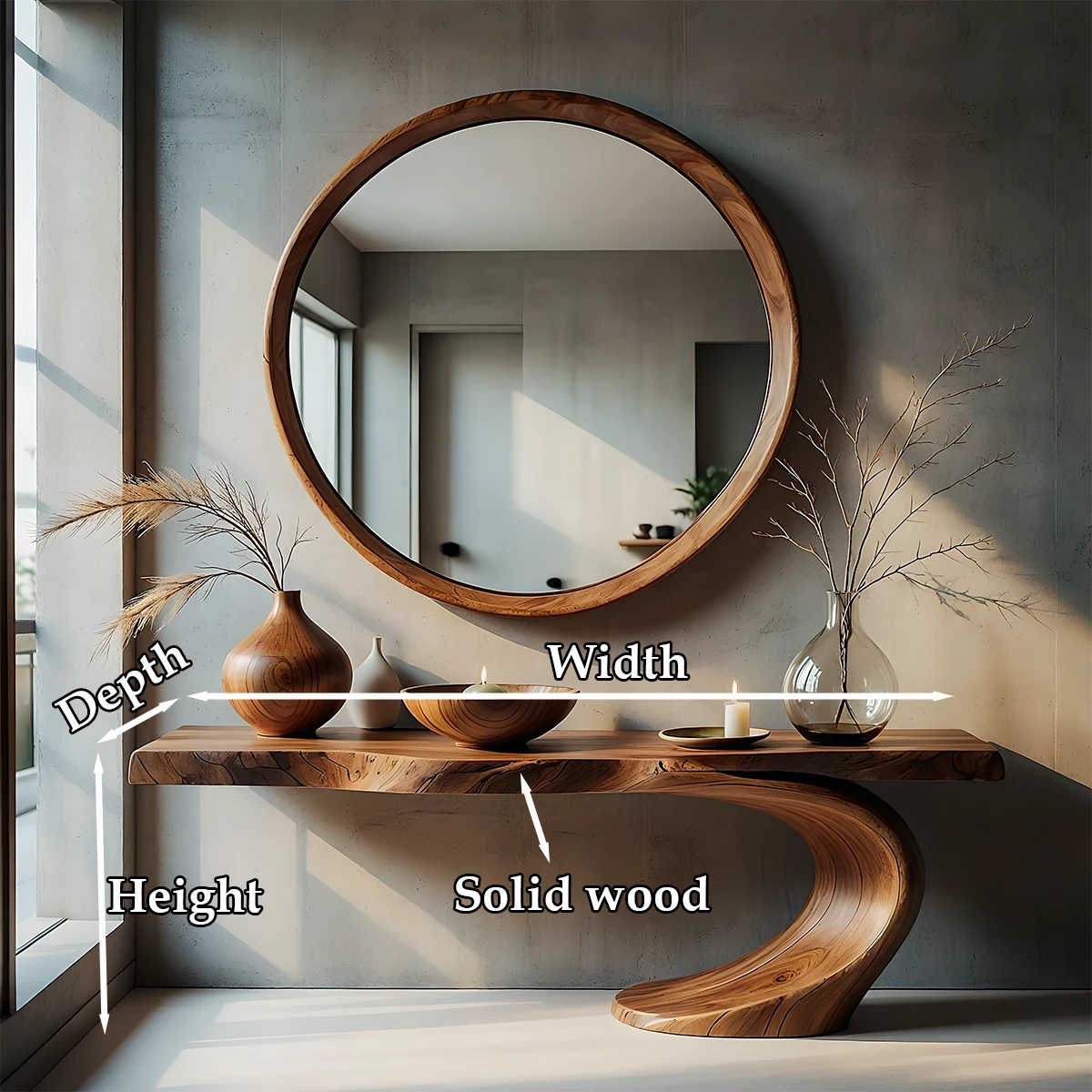 Unique brown wood console table with S curve pedestal