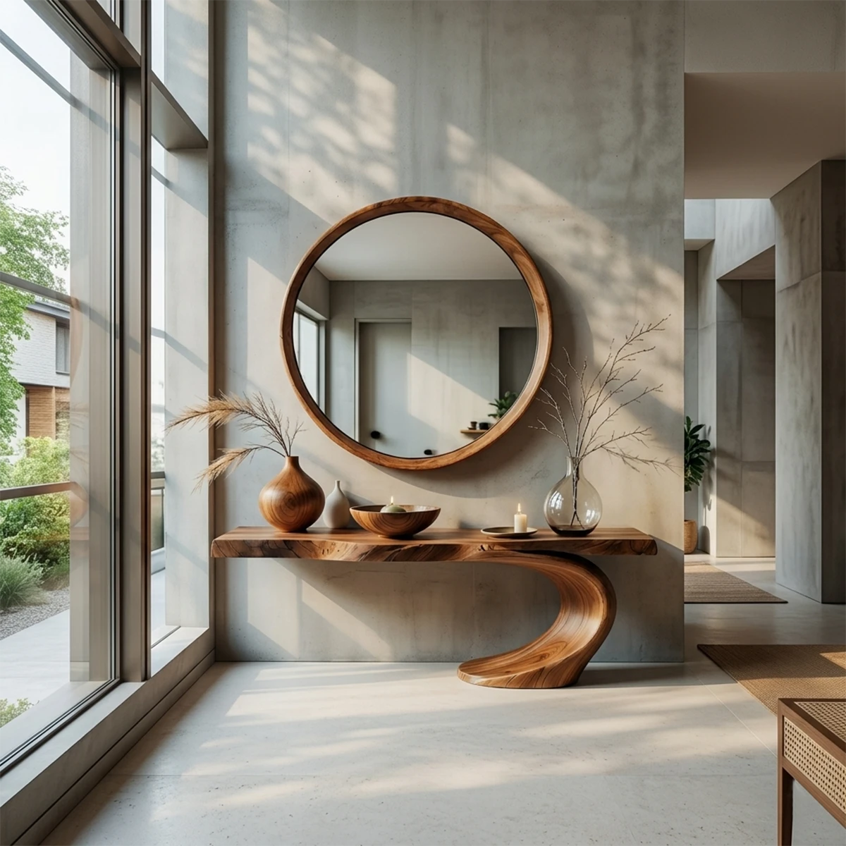 Sculptural brown wood console table with curved pedestal