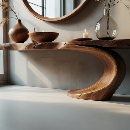 Elegant brown wood console table with curved wood support