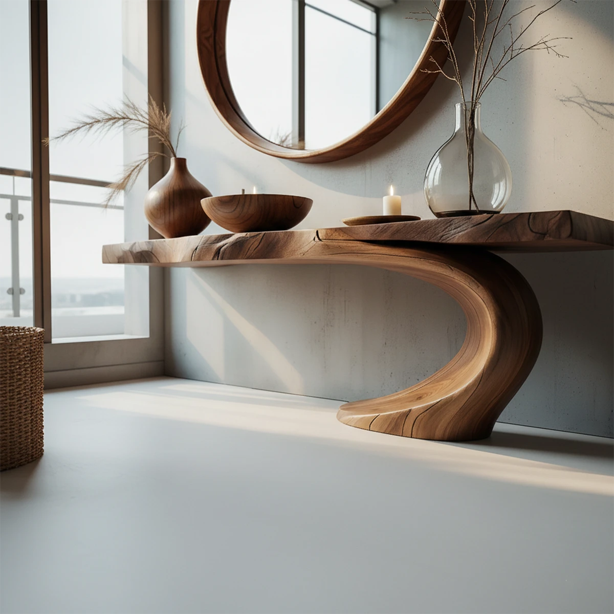 Contemporary brown wood console table with sculpted base