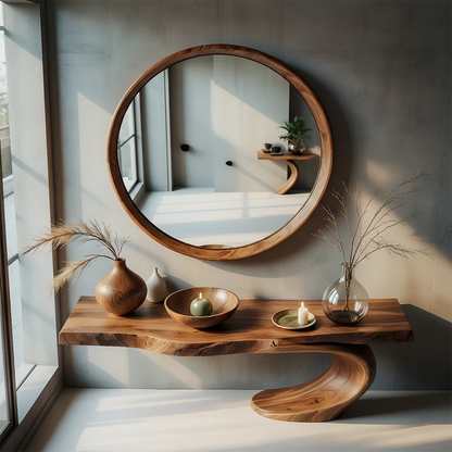 Designer brown wood console table with S shaped pedestal