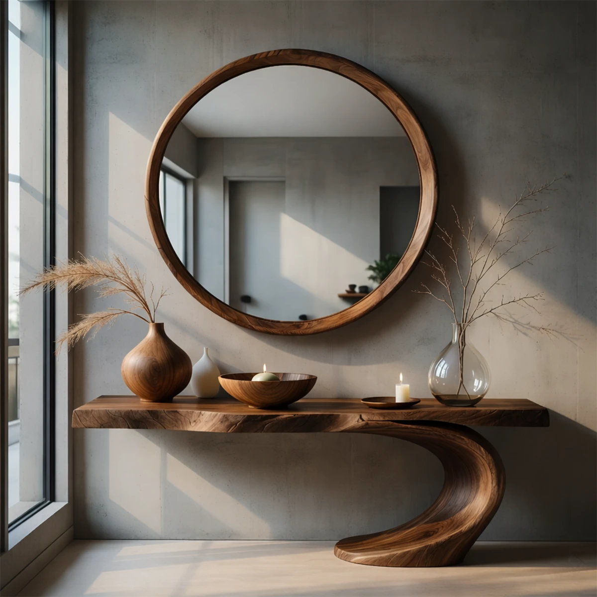 Artistic brown wood console table with flowing wood base