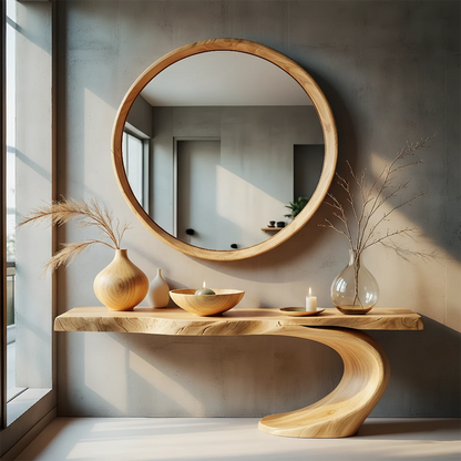 Luxury brown wood console table with curved sculptural base