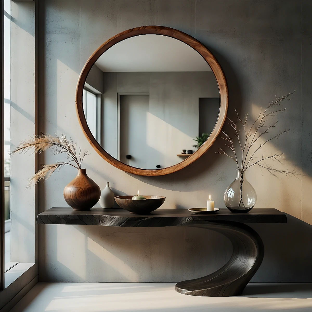 Solid brown wood console table with organic curve base