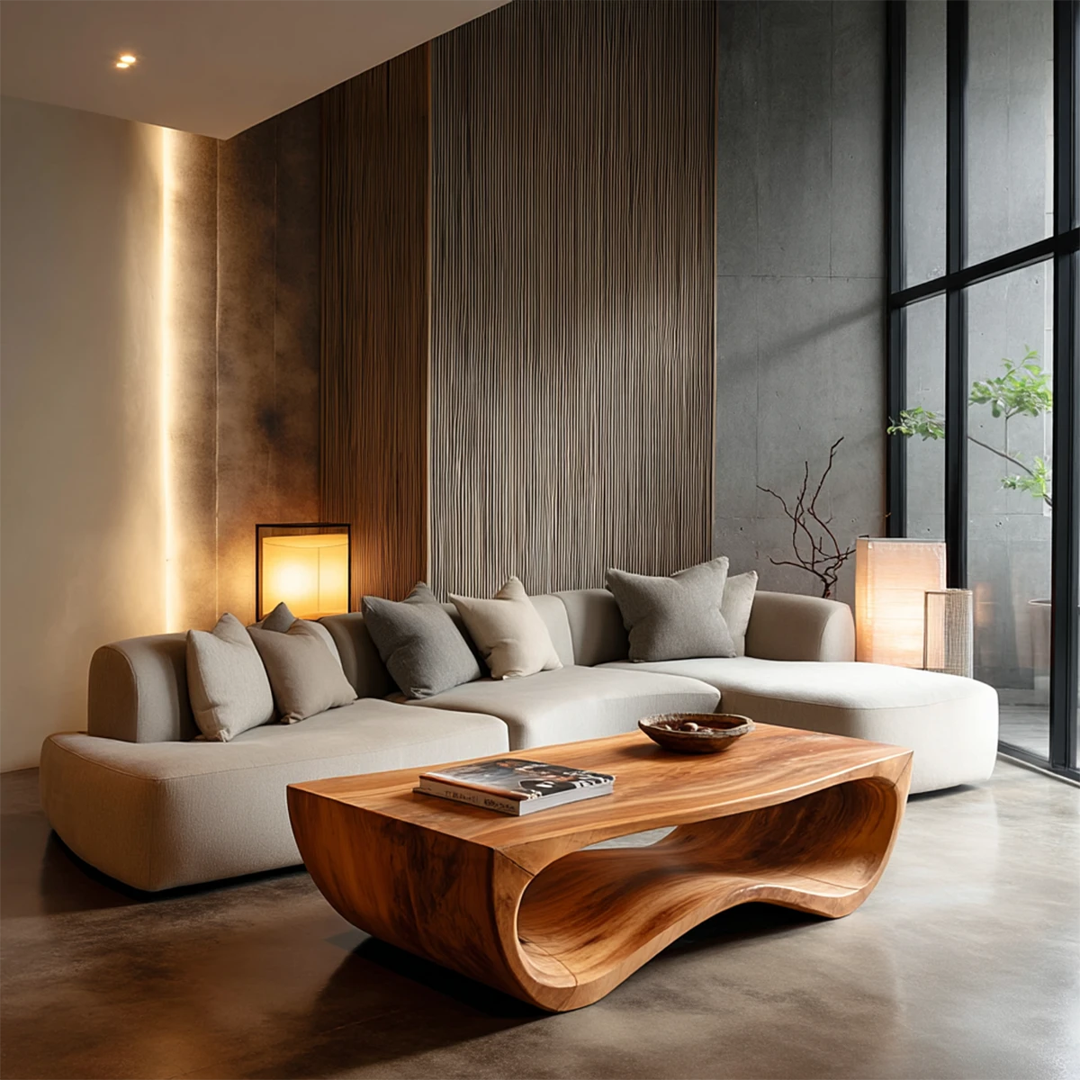 Curved coffee table with natural wood finish creating a modern organic living room focal point
