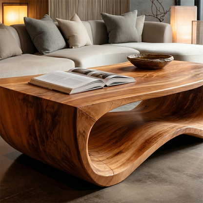 Modern organic coffee table with curved base design for minimalist living room styling