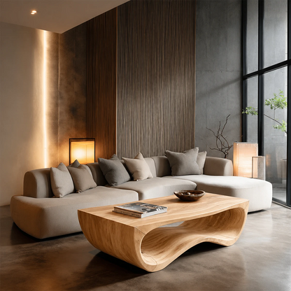 Low profile coffee table with organic curves for stylish modern living room décor