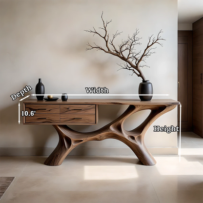Refined console table with sculptural base and integrated drawers, ideal for modern entryway styling