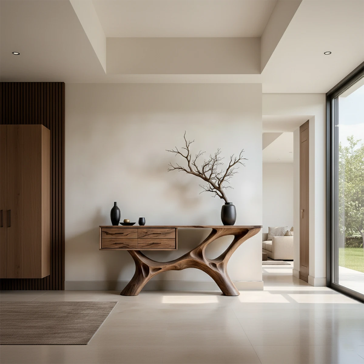 Organic shape console table featuring flowing base design and functional drawer storage
