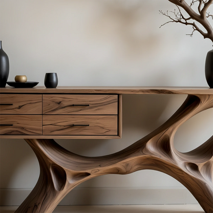 Contemporary entryway console table with artistic wood base and integrated storage drawers