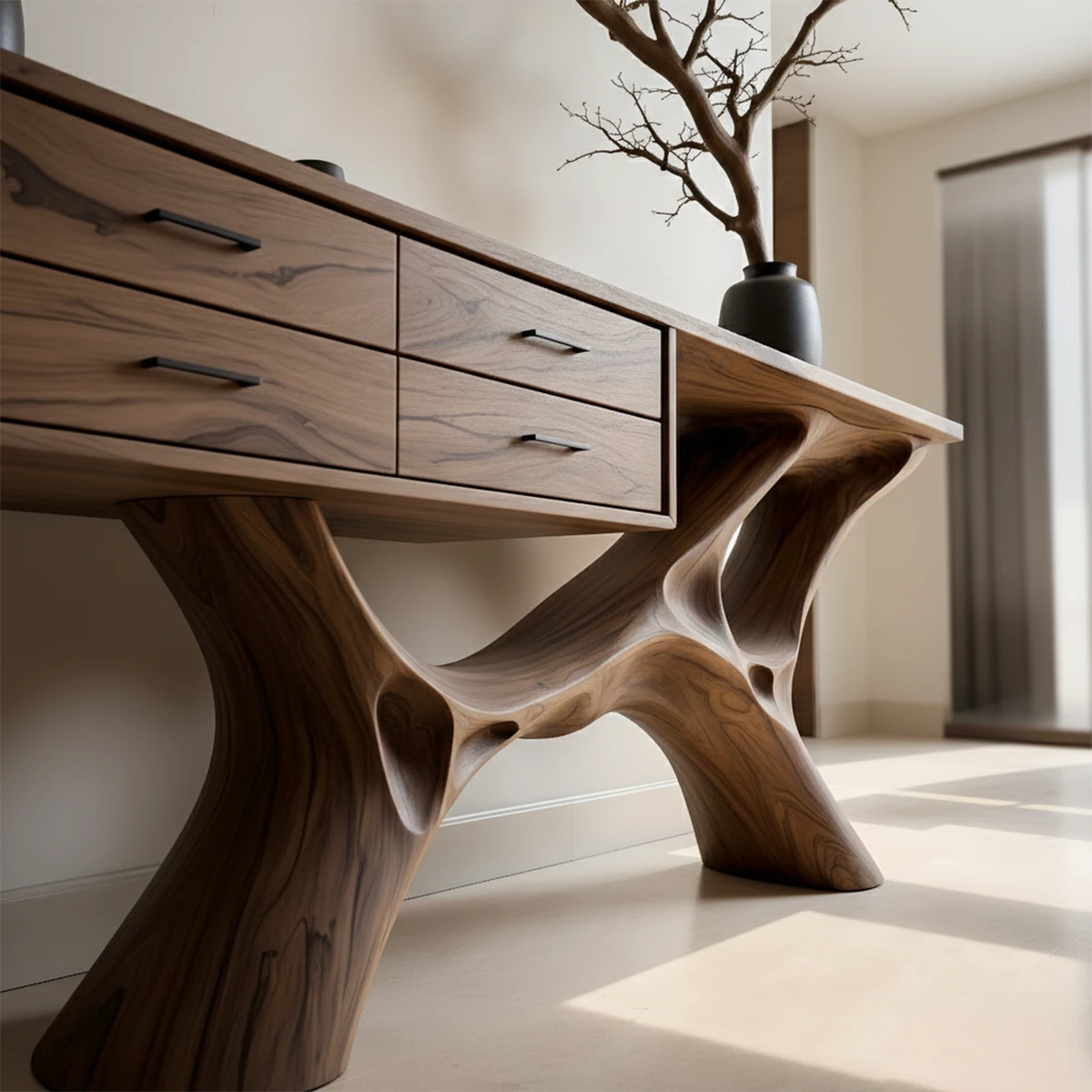 Minimalist console table with sculpted base and clean drawer storage for modern living spaces