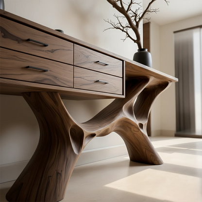 Minimalist console table with sculpted base and clean drawer storage for modern living spaces