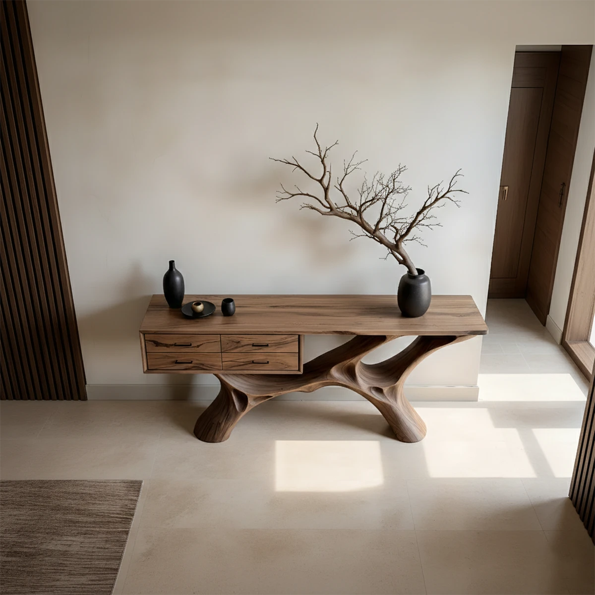 Elegant hallway console with organic base structure and practical drawer storage solution