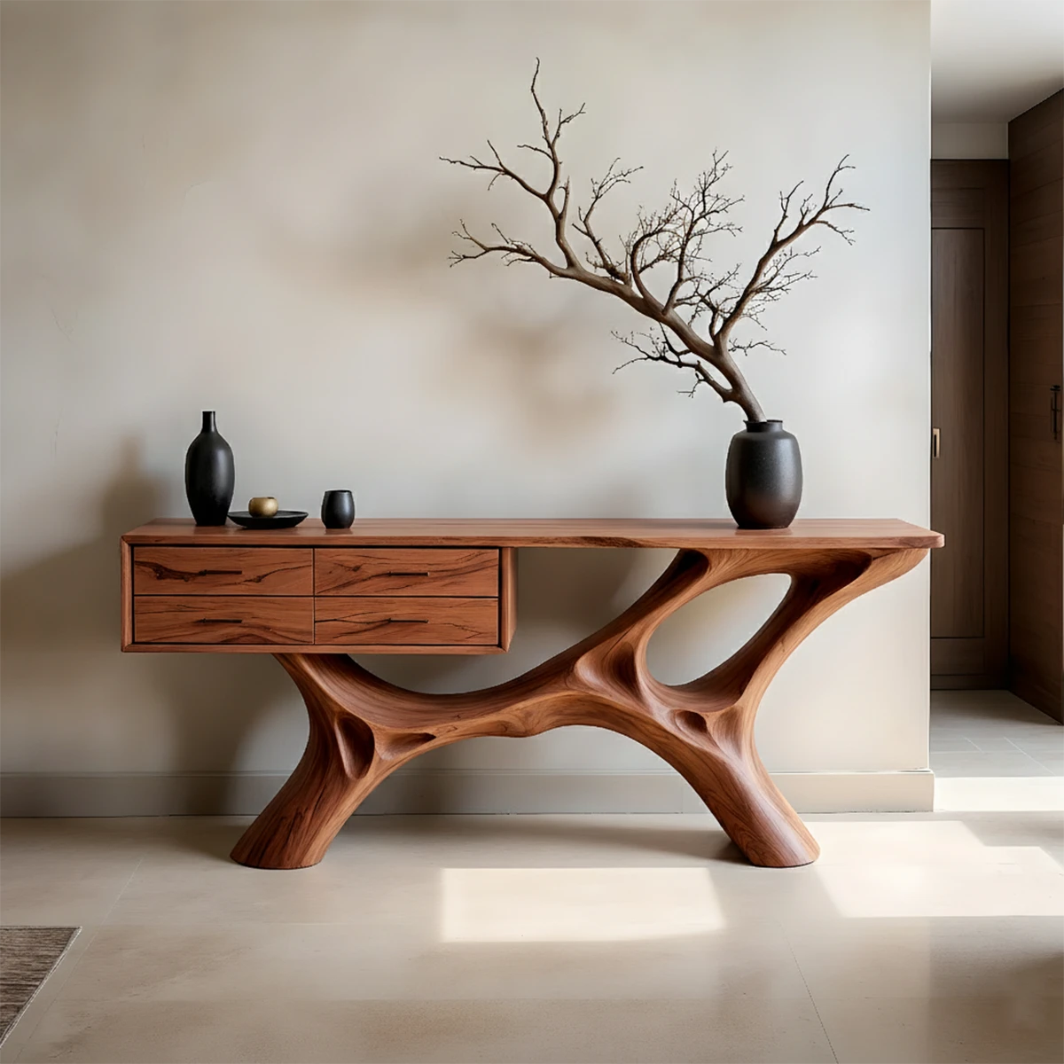 Designer console table with fluid wood silhouette and built in drawers for entryway storage