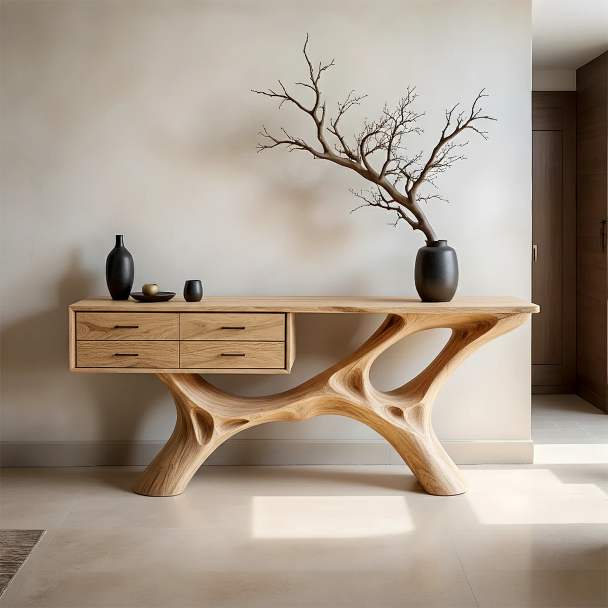 Unique console table with curved base design and sleek drawer storage for modern homes