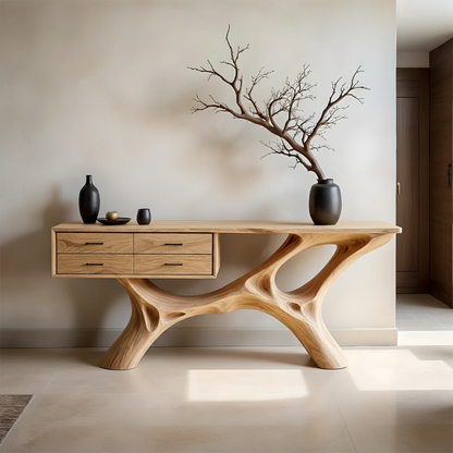 Unique console table with curved base design and sleek drawer storage for modern homes