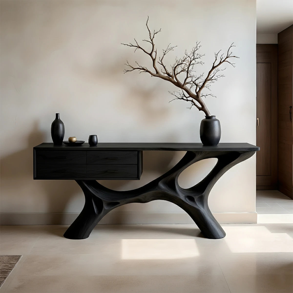 Sculptural entryway console featuring organic wood base and smooth integrated drawer storage