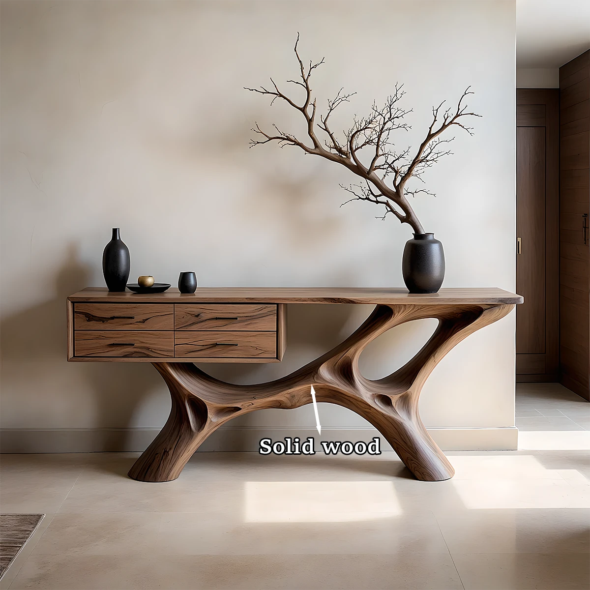 Modern hallway console table with flowing base form and functional storage drawers