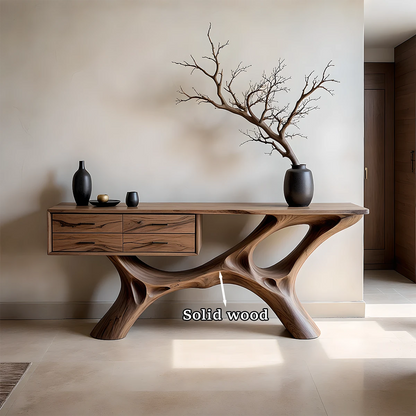 Modern hallway console table with flowing base form and functional storage drawers