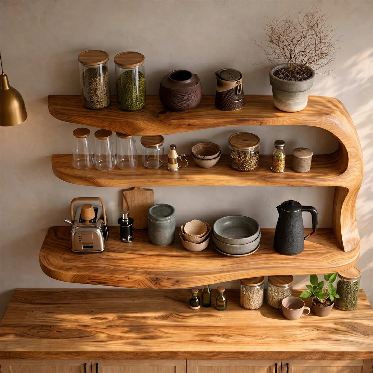 Open kitchen wall storage with organic shaped wood shelves and clean modern styling
