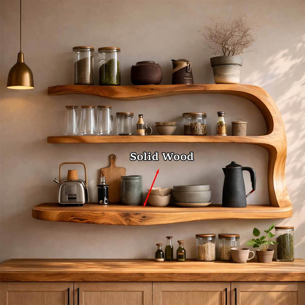 Elegant wall kitchen cabinet with soft flowing wood lines and open display shelves