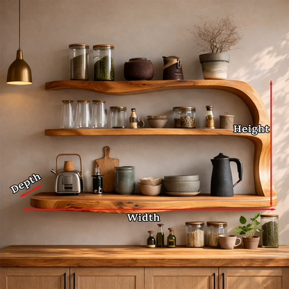 Designer kitchen shelving system with organic wood structure and practical storage space