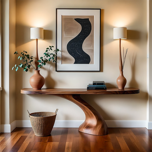 Modern entryway styled with a sculptural solid wood console table and elegant decorative accents