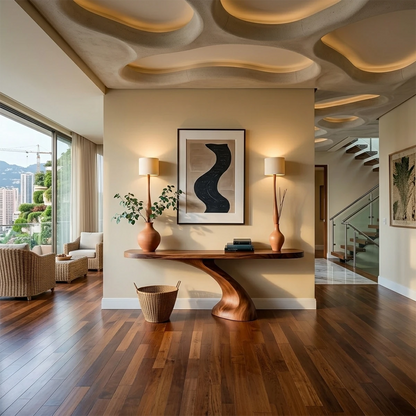 A curved wood console table creates a striking focal point in this warm and refined interior space