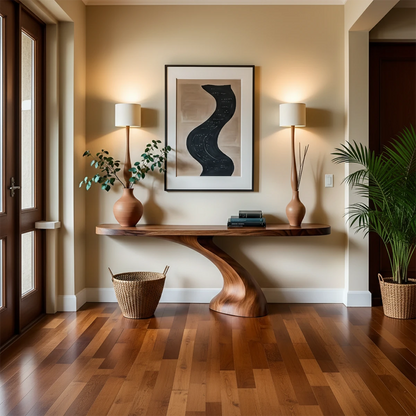 Solid wood console table with flowing base design placed beneath wall art in contemporary hallway