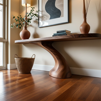 Natural wood console table with smooth curves enhances the balance of this modern entryway