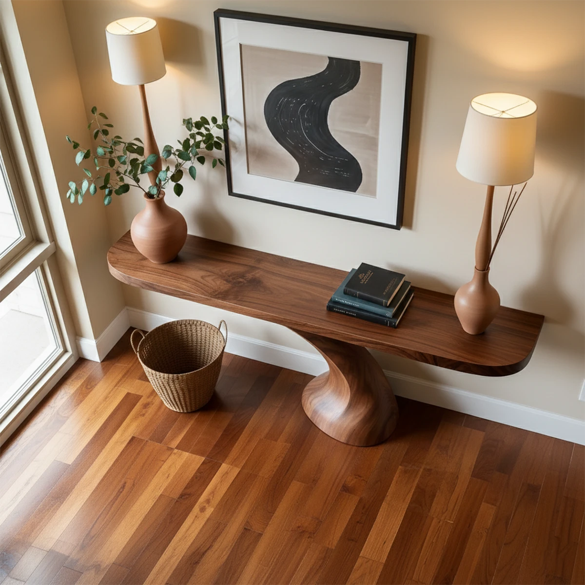 Elegant hallway interior featuring a handcrafted console table with fluid and artistic form