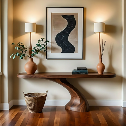 A contemporary console table with organic silhouette complements this clean and warm space