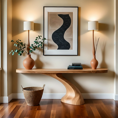 Curved solid wood console table displayed with décor elements in a refined modern home interior