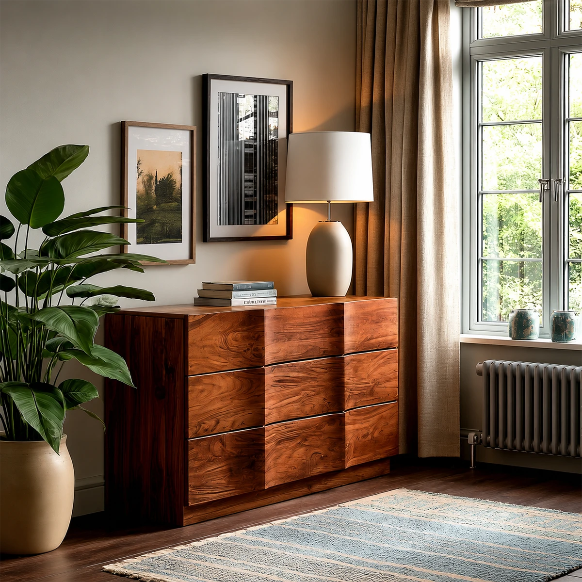 Contemporary buffet sideboard with integrated storage drawers and elegant wood grain detail