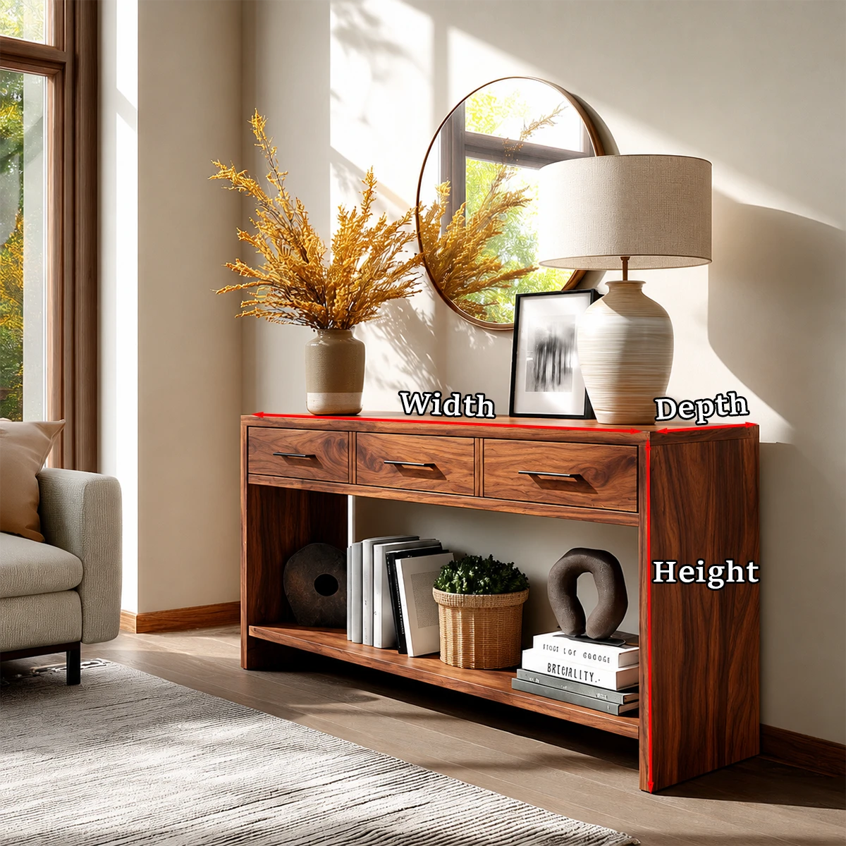 Minimalist wood sideboard featuring open shelf storage and contemporary drawer layout
