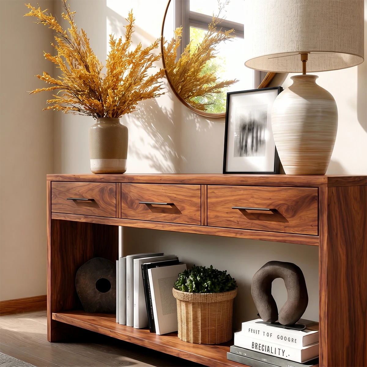 Minimalist sideboard with open lower storage and clean lined drawer organization